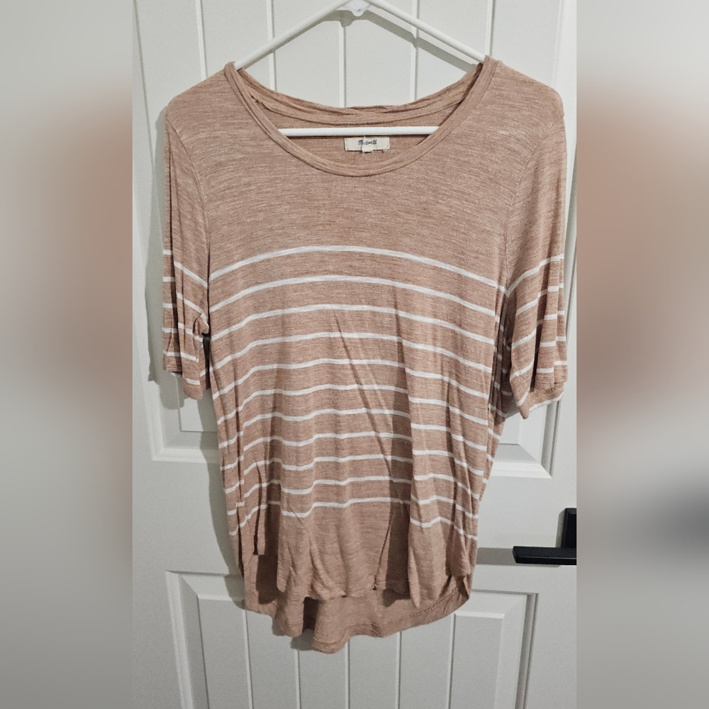 Madewell Tan and White Striped Short Sleeve Tee